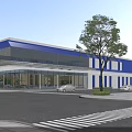 Modern Office Building With Blue White Exterior Large Glass Curtain Walls Parking Lot And Trees