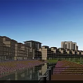 Scenic Commercial Street With Modern Buildings Flower Beds Water Canal And Pedestrians Walking
