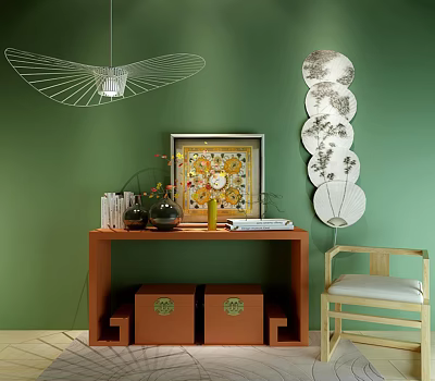 Elegant Console Table with Green Wall Fan Shaped Decor Vase Books and Pendant Light 3d model