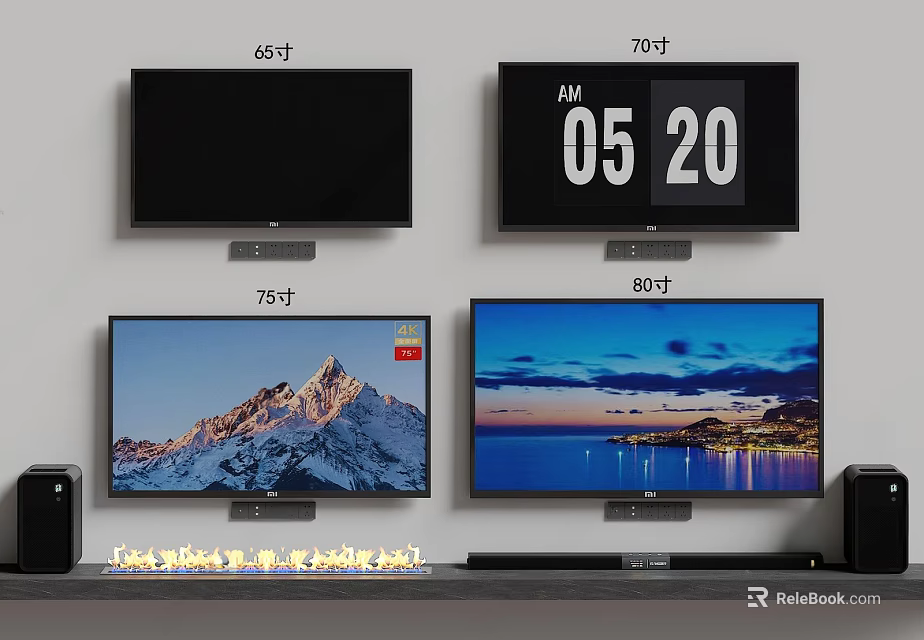 60 70 75 85 Inch Televisions With Mountain Coastal Sunset And Digital Clock 3d model 