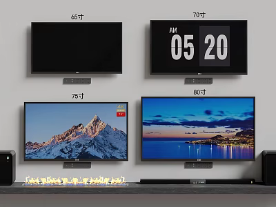 60 70 75 85 Inch Televisions With Mountain Coastal Sunset And Digital Clock 3d model