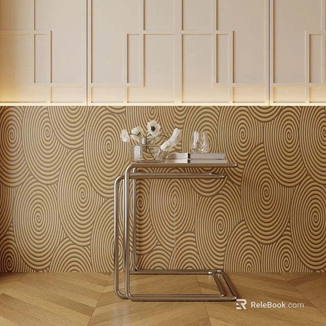 Elegant Modern Bedside Table With Metal Frame Vase Flowers And Patterned Wallpaper 3d model