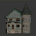 Vintage House Architecture With Stone Tower Sloped Roof Blue Exterior And Wooden Porch Steps