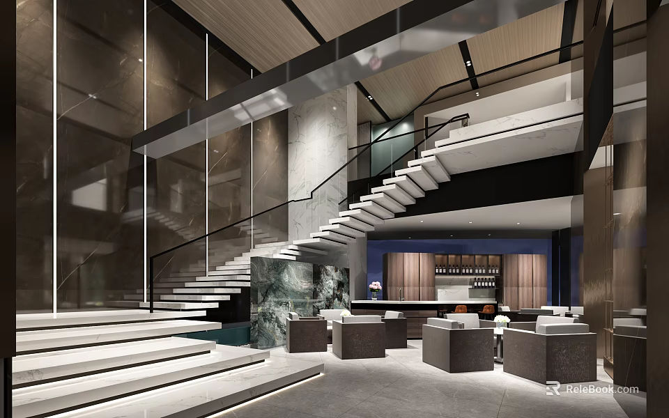 Modern Exhibition Hall Interior With Marble Staircase And Display Counters 3d model 