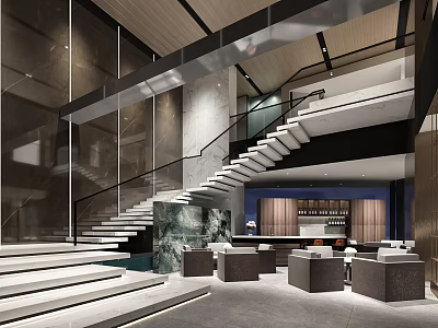 Modern Exhibition Hall Interior With Marble Staircase And Display Counters 3d model