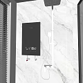 Modern Bathroom With Black Water Heater Digital Temperature Display Marble Wall And Window Blinds