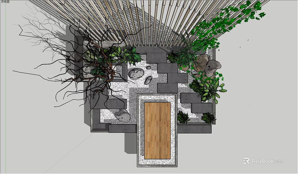 Serene Garden Nook Design With Bamboo Screen Wooden Platform And Lush Green Plants 3d model 