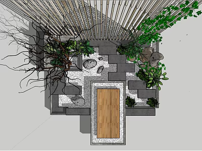 Serene Garden Nook Design With Bamboo Screen Wooden Platform And Lush Green Plants 3d model