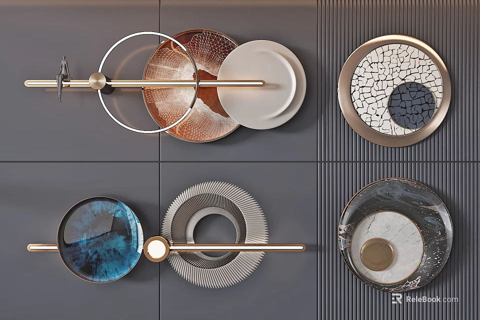 Modern Circular Wall Hangings With Metallic Frames And Geometric Patterns In Various Tones 3d model