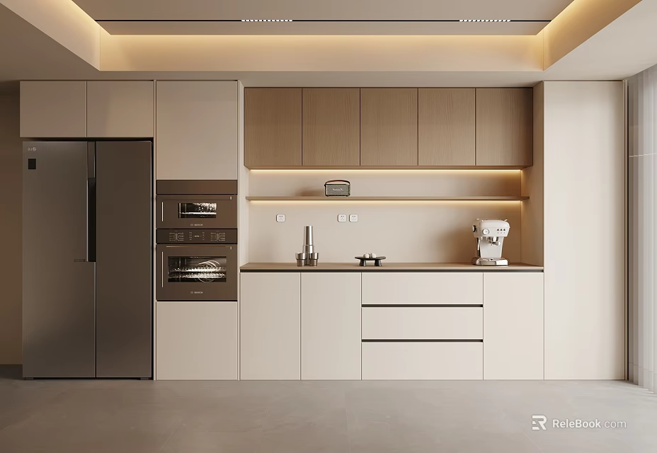 Modern Kitchen Sideboard With Light Wood Cabinets Countertop Appliances And Under Cabinet Lighting 3d model 
