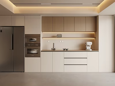 Modern Kitchen Sideboard With Light Wood Cabinets Countertop Appliances And Under Cabinet Lighting 3d model