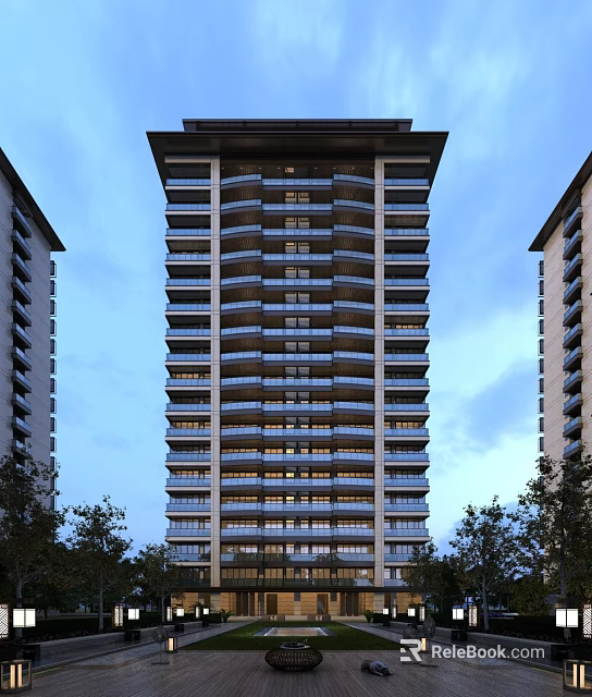 Modern High Rise Building Night View With Illuminated Windows And Trees 3d model