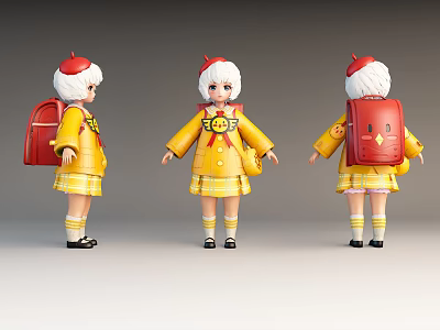 Cartoon Girl Character in Yellow Outfit with Red Hat and Backpack Three Angles View 3d model