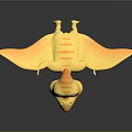 Yellow Pterosaur Toy Figure With Orange Stripes And Big Eyes On Black Surface With Reflection
