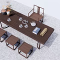 Traditional Wooden Tea Table with Chairs Stools Tea Sets Vase and Books