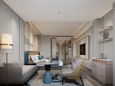 Elegant Modern Hotel Room Interior With Bed Sofa TV Wall Art Lamps And Area Rug 3d model