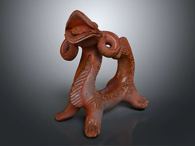 Unique Reddish Brown Terracotta Sculpture With Curled Horns And Intricate Carvings 3d model
