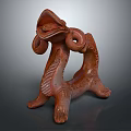 Unique Reddish Brown Terracotta Sculpture With Curled Horns And Intricate Carvings