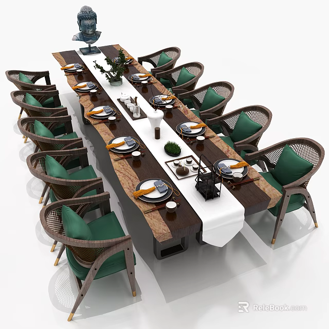 Elegant Dining Table Set With Wicker Chairs Green Cushions Wooden Table White Tablecloth And Plants 3d model 