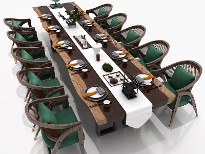 Elegant Dining Table Set With Wicker Chairs Green Cushions Wooden Table White Tablecloth And Plants 3d model