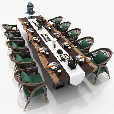 Elegant Dining Table Set With Wicker Chairs Green Cushions Wooden Table White Tablecloth And Plants 3d model