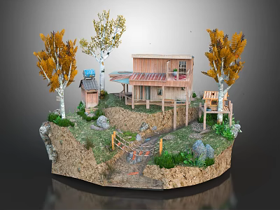 Wooden House With Small Patio Autumn Trees Green Grass And Stones In Natural Setting 3d model