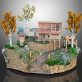 Wooden House With Small Patio Autumn Trees Green Grass And Stones In Natural Setting
