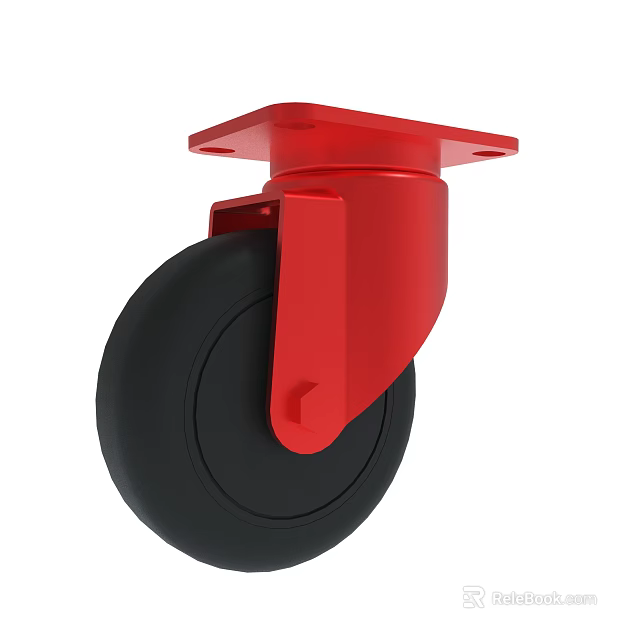 Red Industrial Caster Wheel With Black Rubber Tire And Metal Bracket 3d model 