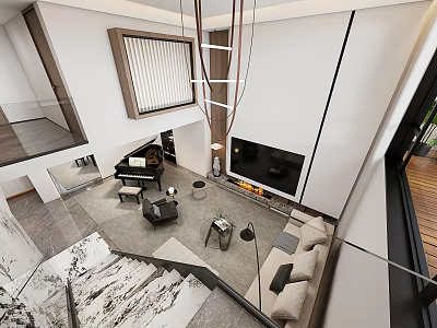 Loft Style Modern Living Room With Piano TV Sofa And Fireplace 3d model