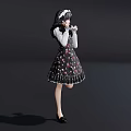 Woman Wearing Floral Dress With White Hat Lifting One Leg Gesturing Hand On Black Background