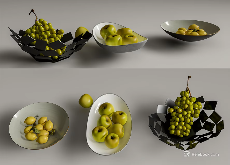Stylish Black And White Ceramic Vessels Holding Apples Grapes And Pears 3d model 