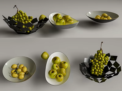 Stylish Black And White Ceramic Vessels Holding Apples Grapes And Pears 3d model