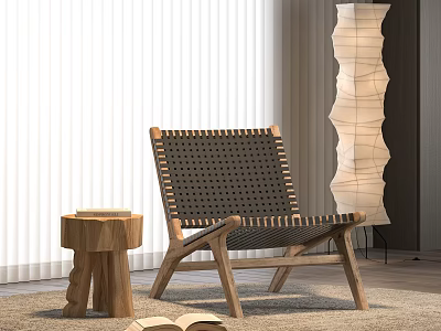 Woven Lounge Chair With Wooden Frame And Side Table In Modern Living Room Interior 3d model