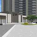 Building Facade Of Modern High Rise Residential With Stone Walls Fountain And Greenery