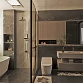 Modern Bathroom Interior Design With Bathtub Shower Enclosure Toilet Marble Sink Counter And Cabinets