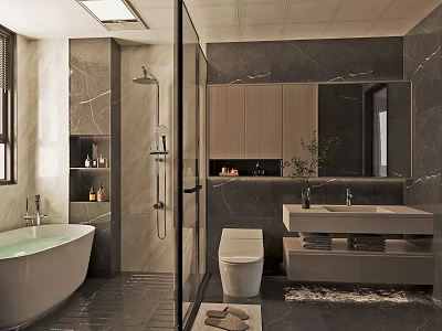 Modern Bathroom Interior Design With Bathtub Shower Enclosure Toilet Marble Sink Counter And Cabinets 3d model