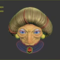 Cartoon Elderly Woman Character With Golden Curly Hair Blue Eyes Red Gem And Blue Collar