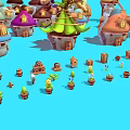 Colorful Cartoon Scene with Various Mushroom Houses Windmill and Small Elements like Trees Barrels
