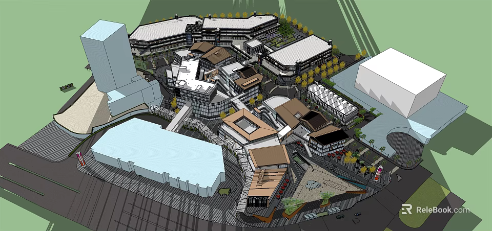 Modern Commercial Street Featuring Varied Building Roofs Open Spaces And Walkways 3d model 