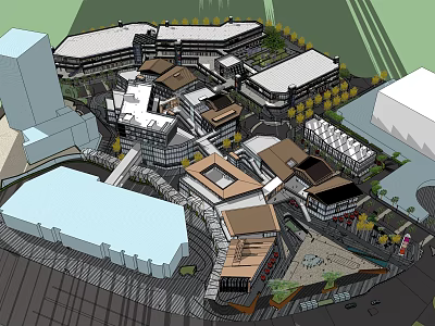 Modern Commercial Street Featuring Varied Building Roofs Open Spaces And Walkways 3d model