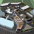 Modern Commercial Street Featuring Varied Building Roofs Open Spaces And Walkways