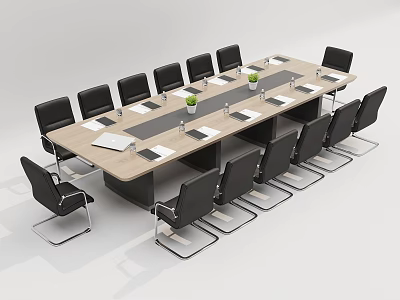 Modern Conference Table With Black Chairs And Tabletop Documents Notebooks And Potted Plants 3d model