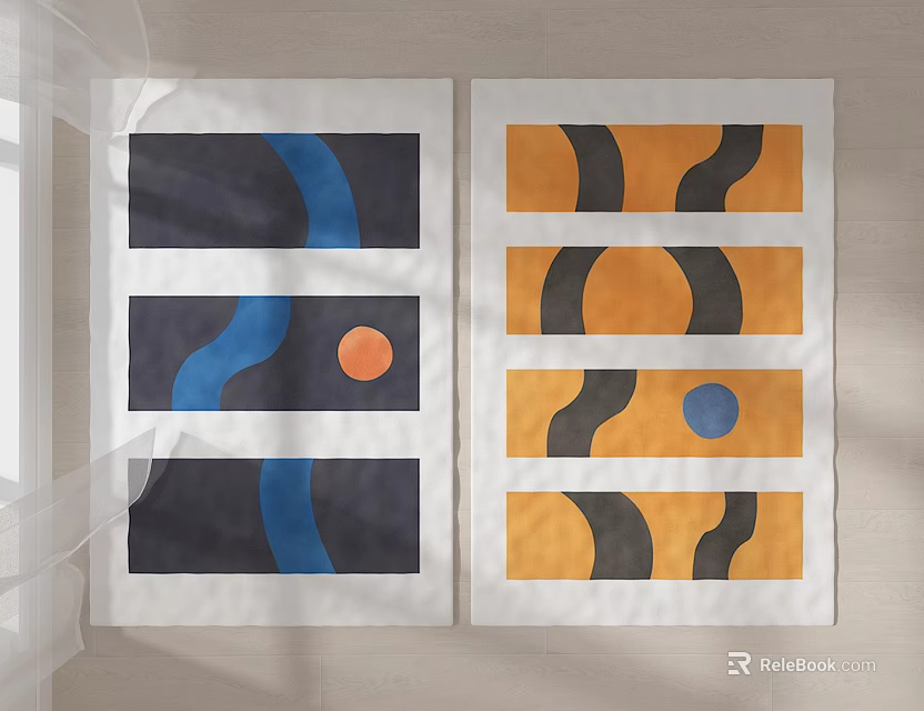 Modern Square Rugs With Blue Orange Circles And Black Wavy Patterns Design 3d model