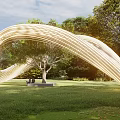 Modern Outdoor Pergola With Curved Wooden Structure And Central Tree