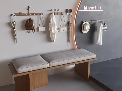 Wooden Shoe Bench With Padded Seats And Wall Mounted Coat Racks Minotti 3d model
