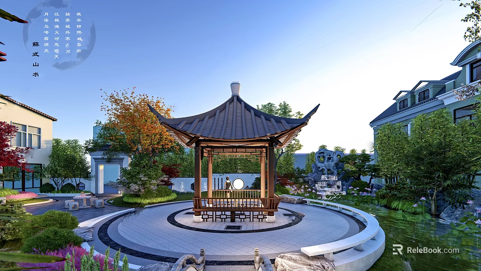 Traditional Garden Landscape With Wooden Pavilion Circular Platform And Lush Greenery 3d model 