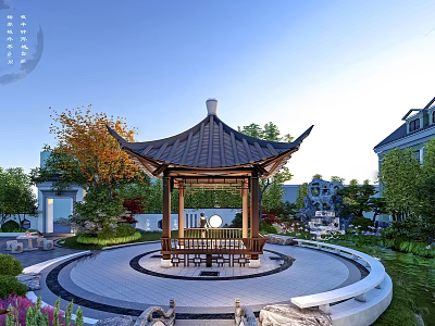 Traditional Garden Landscape With Wooden Pavilion Circular Platform And Lush Greenery 3d model