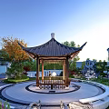 Traditional Garden Landscape With Wooden Pavilion Circular Platform And Lush Greenery