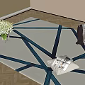 Square Rug with Modern Geometric Design Blue Black Lines on Wooden Floor and White Vase