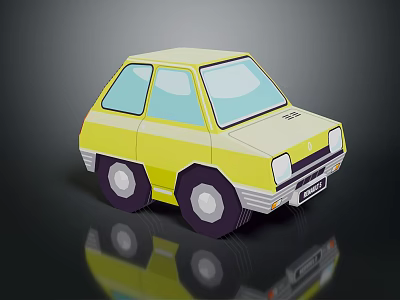 Yellow Cartoon Style Paper Craft Car With 3D Model Design And Reflection Effect 3d model
